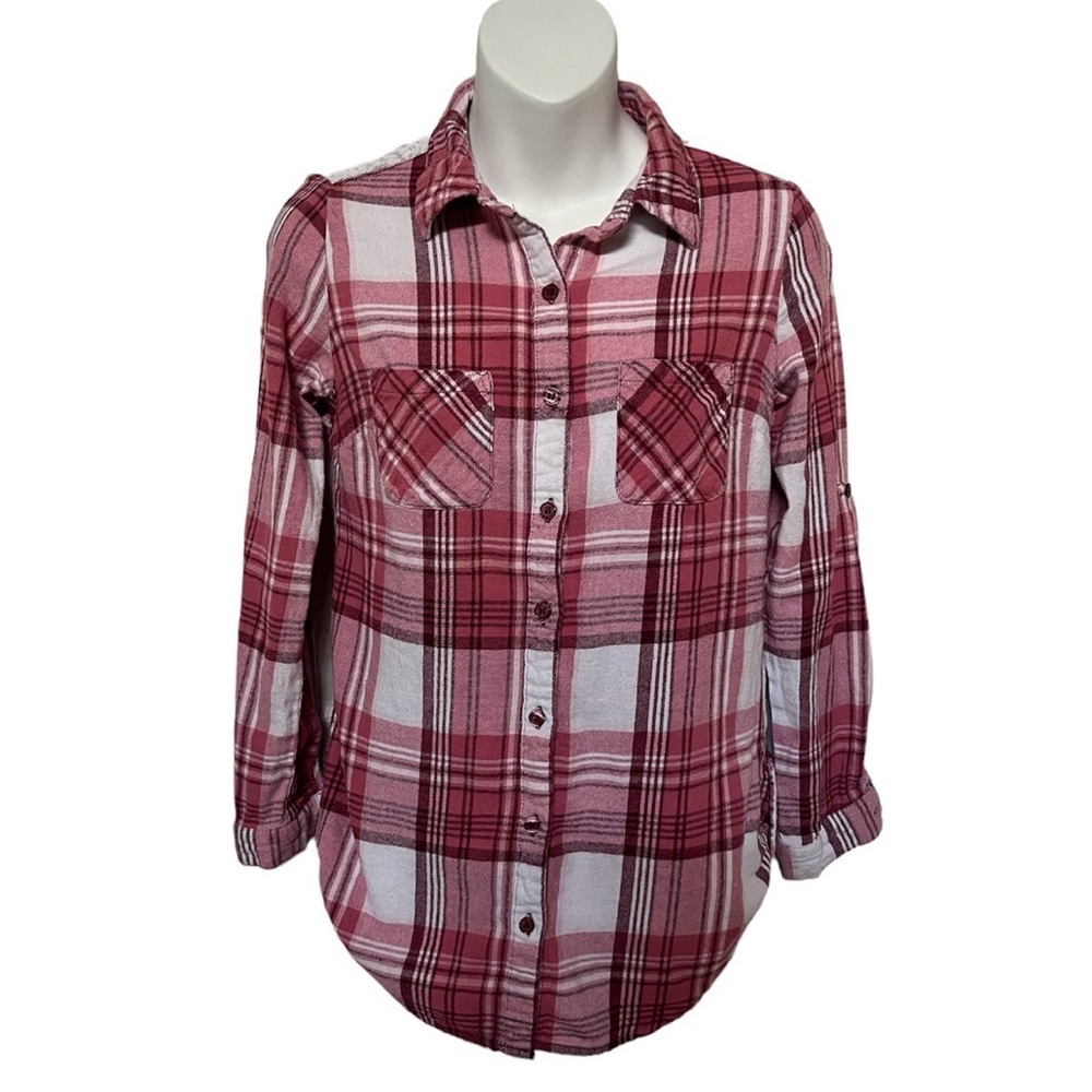 pink burgundy white long sleeve flannel plaid button up shirt